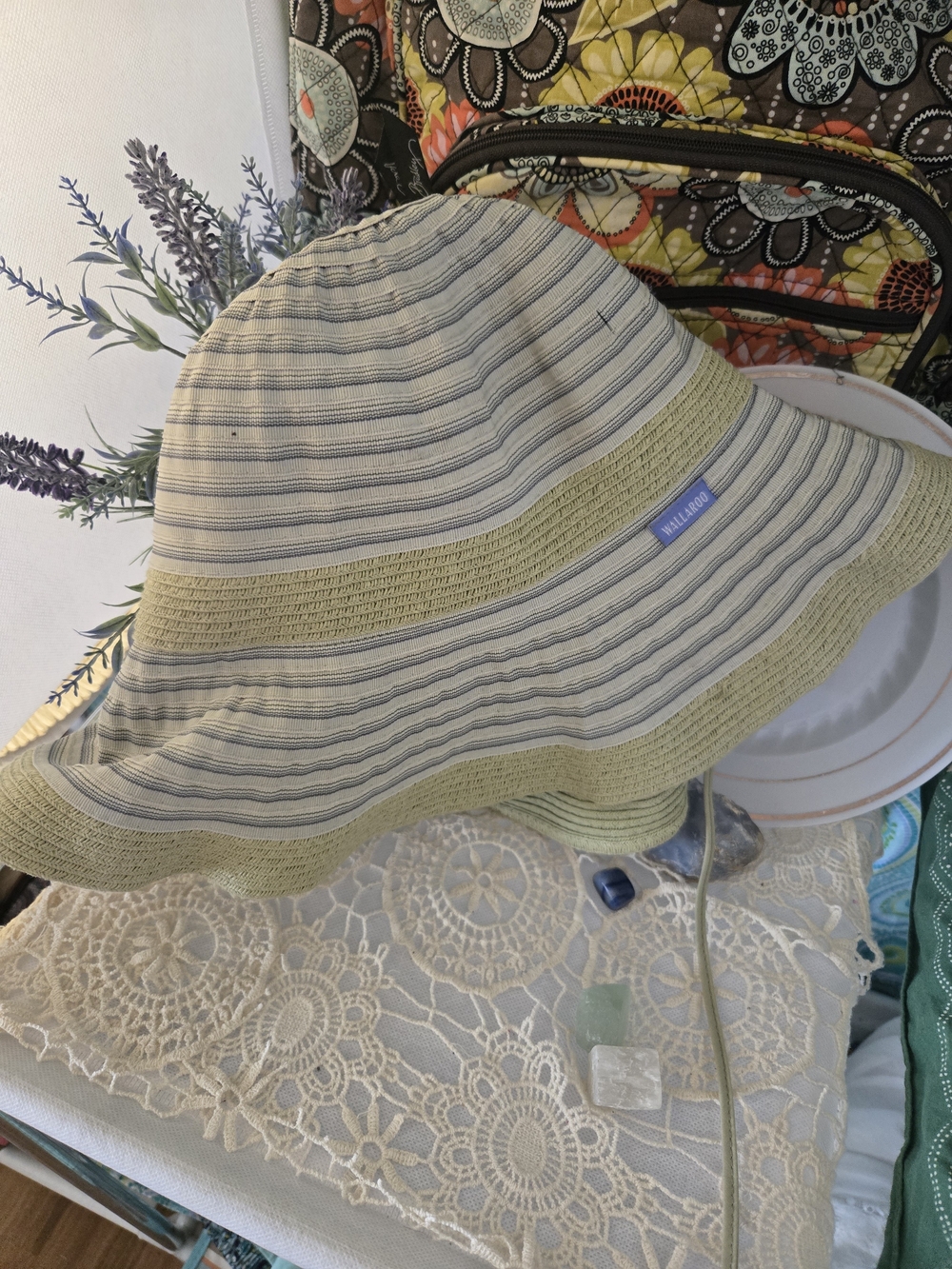 Gorpcore Hiking Walleroo Women's Light Green Striped Sun Hat